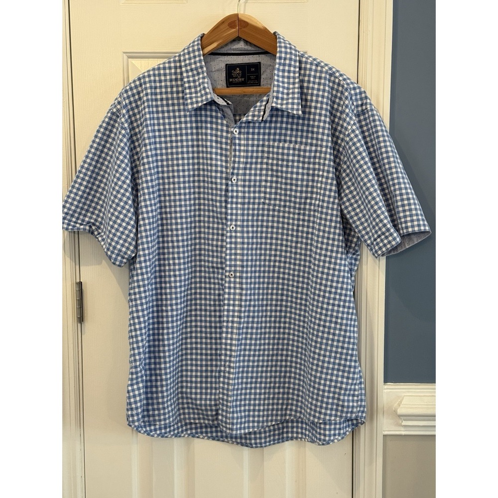 Rugby Gingham Shirt Blue White Cotton Polyester Men's 3X Short Sleeve Classic